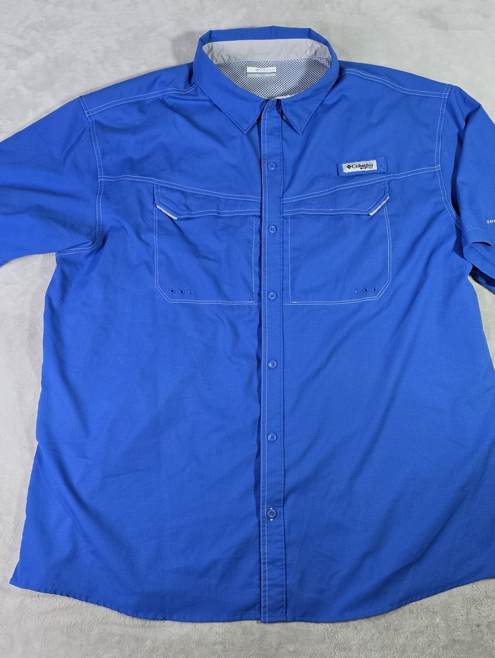 Columbia PFG Shirt Mens 2XL Blue Omni-Shade Short Sleeve Fishing Button Front
